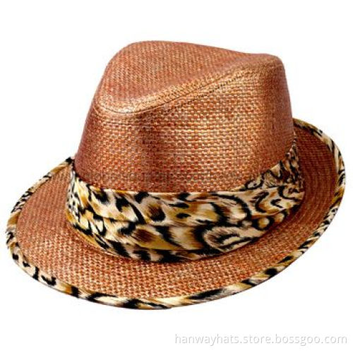 Women's Fashionable Straw Fedora Hat with Printed Fabric GG Band